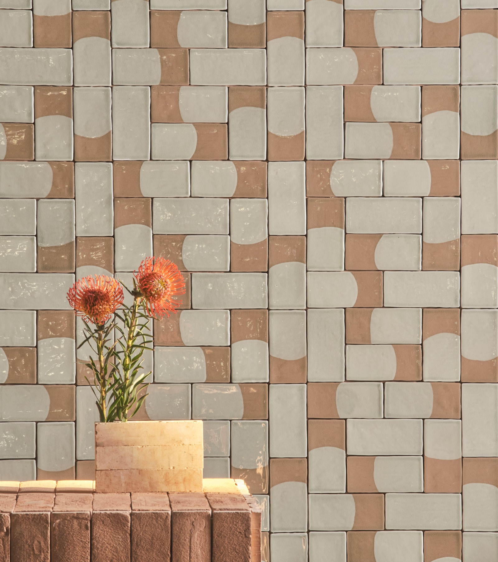 Campioni di piastrelle e elementi decorativi in ceramica e terracotta su sfondo bianco